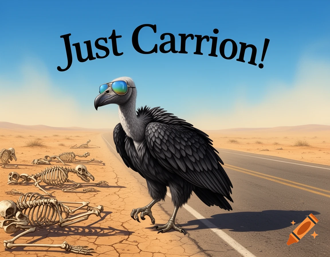 A smirking vulture wearing sunglasses walks on a cracked desert road past several animal skeletons under a blue sky, with the text "Just Carrion!" above.