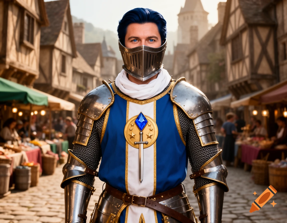 A paladin with navy blue hair and blue eyes, wearing plate armor and a blue surcoat with a golden emblem, stands in a medieval market street.