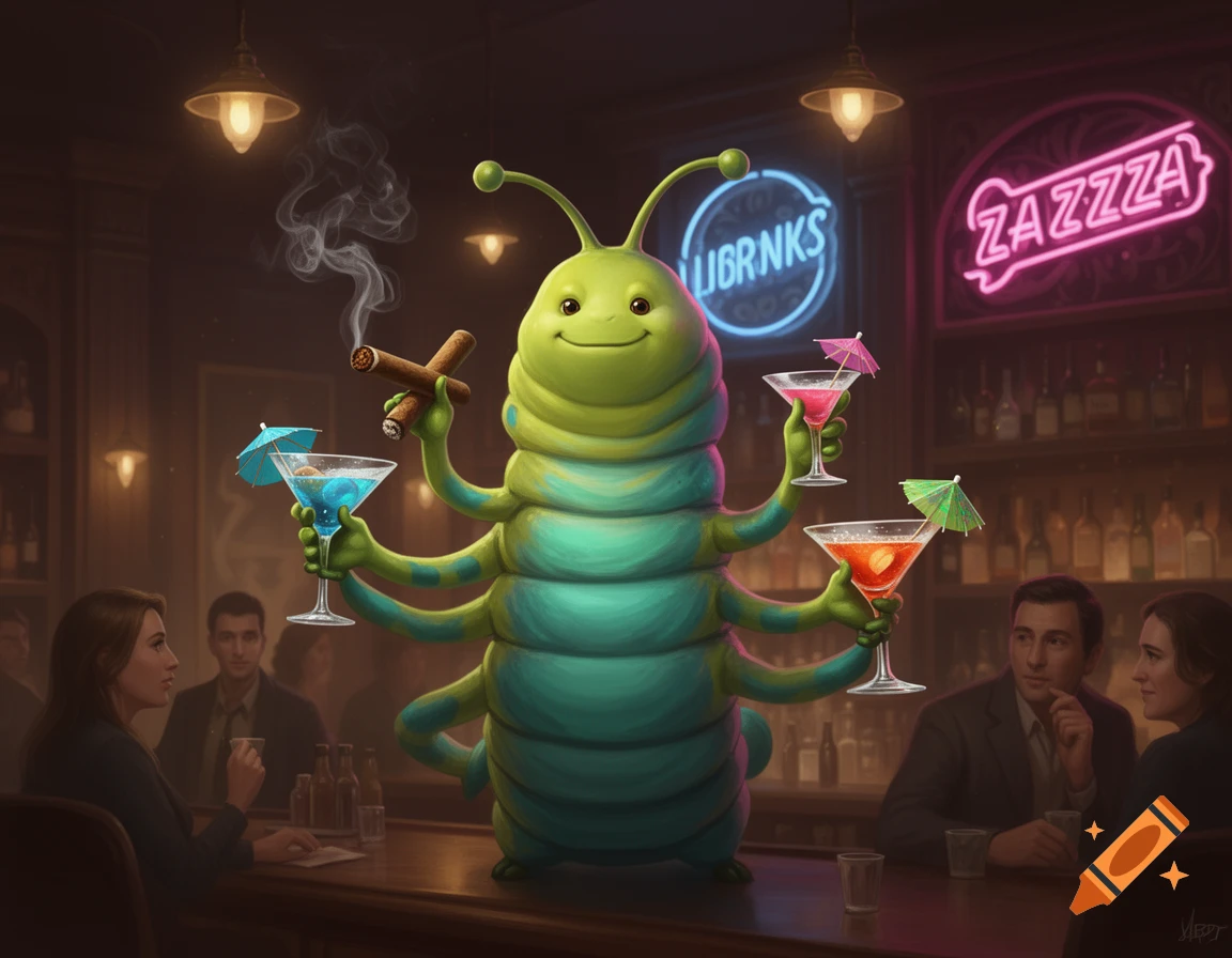 A smiling green and blue caterpillar with multiple arms stands on a bar, holding cocktails and cigars. Customers are seated in the background.