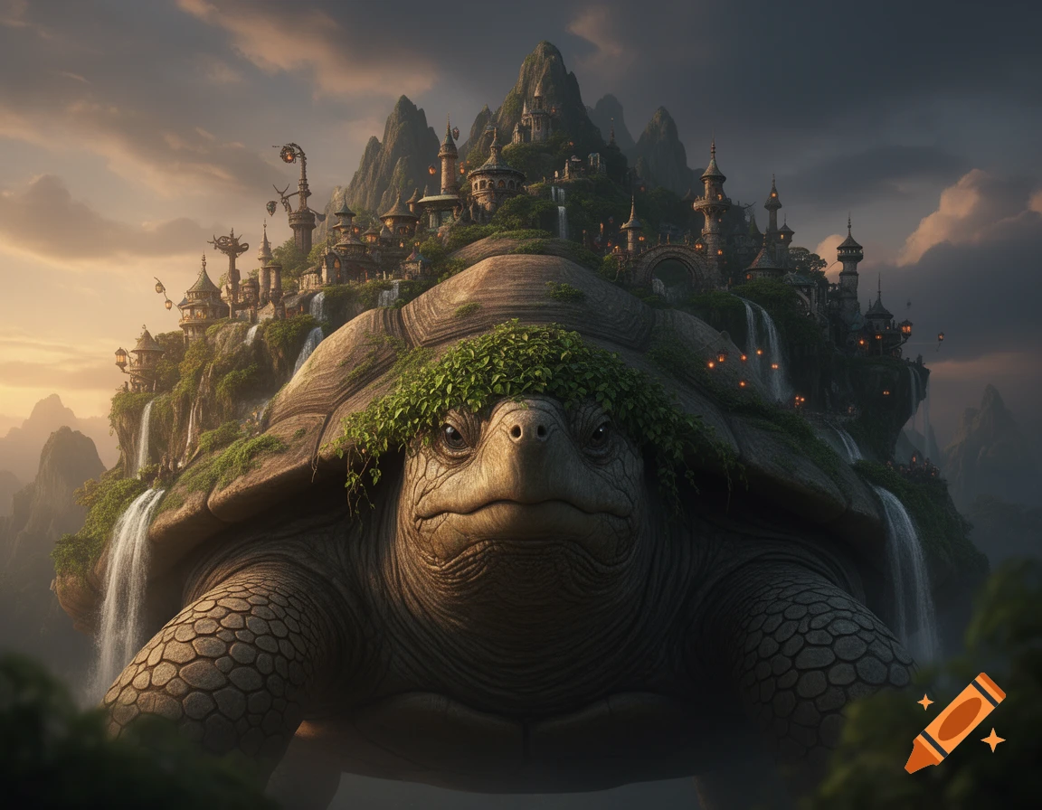 A giant turtle carries a miniature fantasy city with mountains and ...