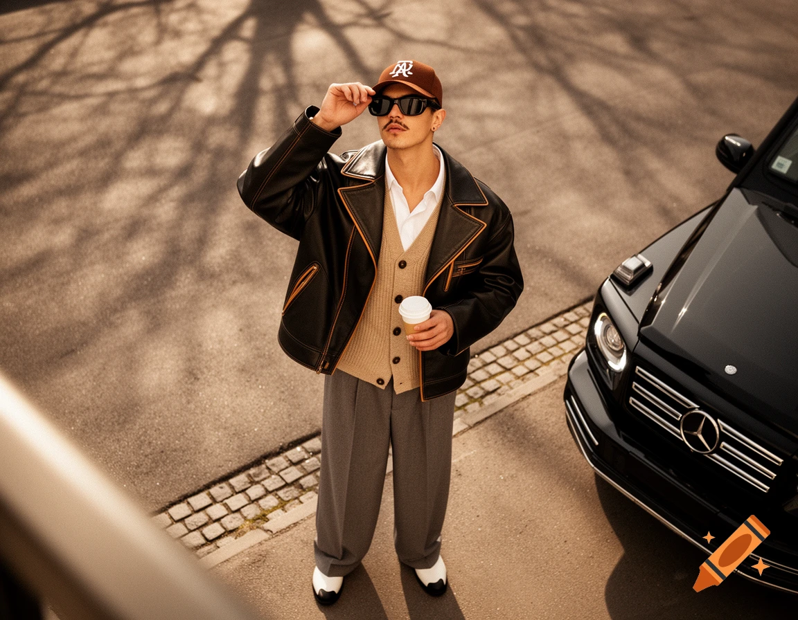 A stylish man in a leather jacket and sunglasses adjusts his cap, holding coffee, beside a black luxury SUV on a sunny street.