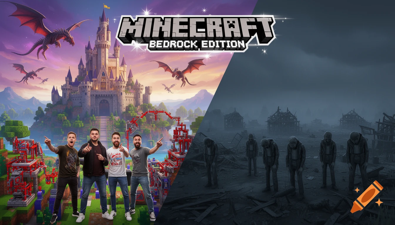 Split image: left, four men celebrate in a vibrant Minecraft world with a castle and dragons; right, sad figures in a desolate, dark, ruined landscape, with "MINECRAFT BEDROCK EDITION" logo on top.