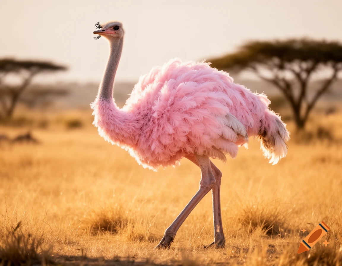 A pink ostrich with long eyelashes stands in a golden savanna landscape under a bright sky.