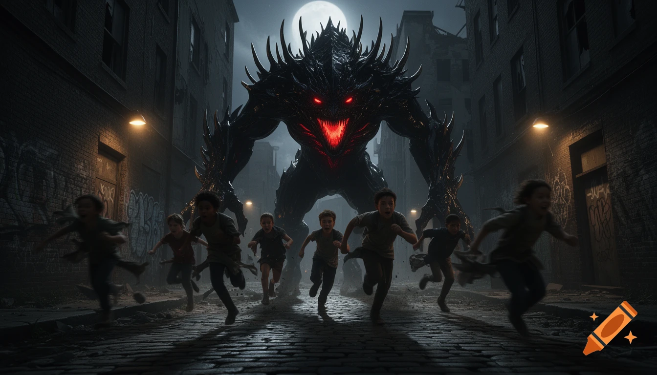 A terrifying black monster with glowing red eyes and mouth chases children down a dark, moonlit city alleyway.