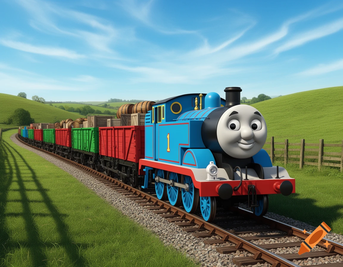 Thomas the Tank Engine pulls red and green freight wagons along tracks through a sunny, green, hilly countryside.