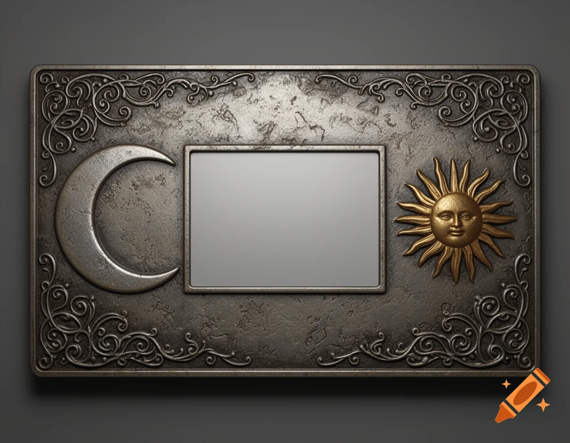 Rectangular metallic plaque with a silver crescent moon, a golden sun face, and an empty central frame, adorned with ornate scrollwork.