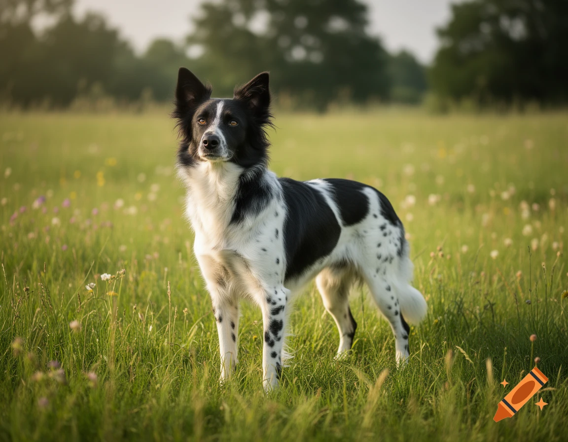 A black and white spotted dog stands in a sunny green field with ...