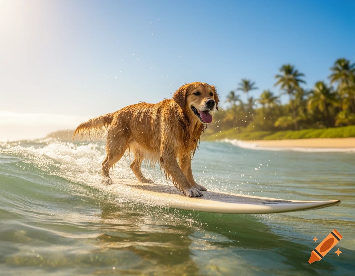 A happy golden retriever rides a surfboard on a sunny tropical beach with palm trees and clear blue water.