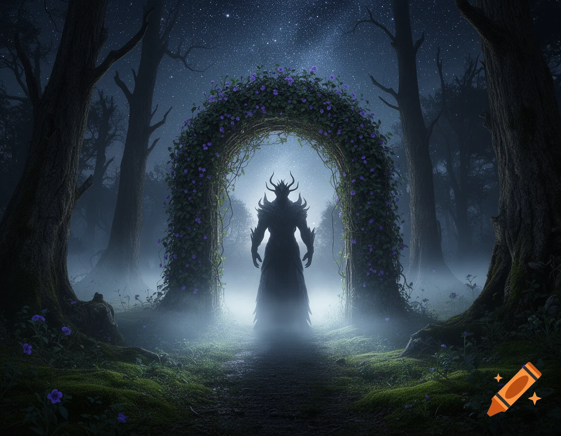 A shadowy horned figure stands under a glowing, flower-covered archway in a dark, misty fantasy forest under a starry night sky.