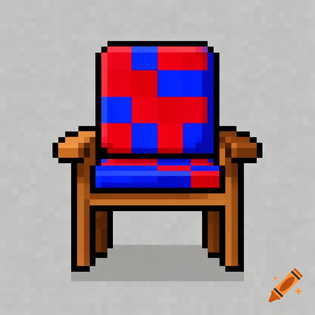 A pixelated 8-bit chair with red and blue checkered cushions and a wooden frame on a gray background.