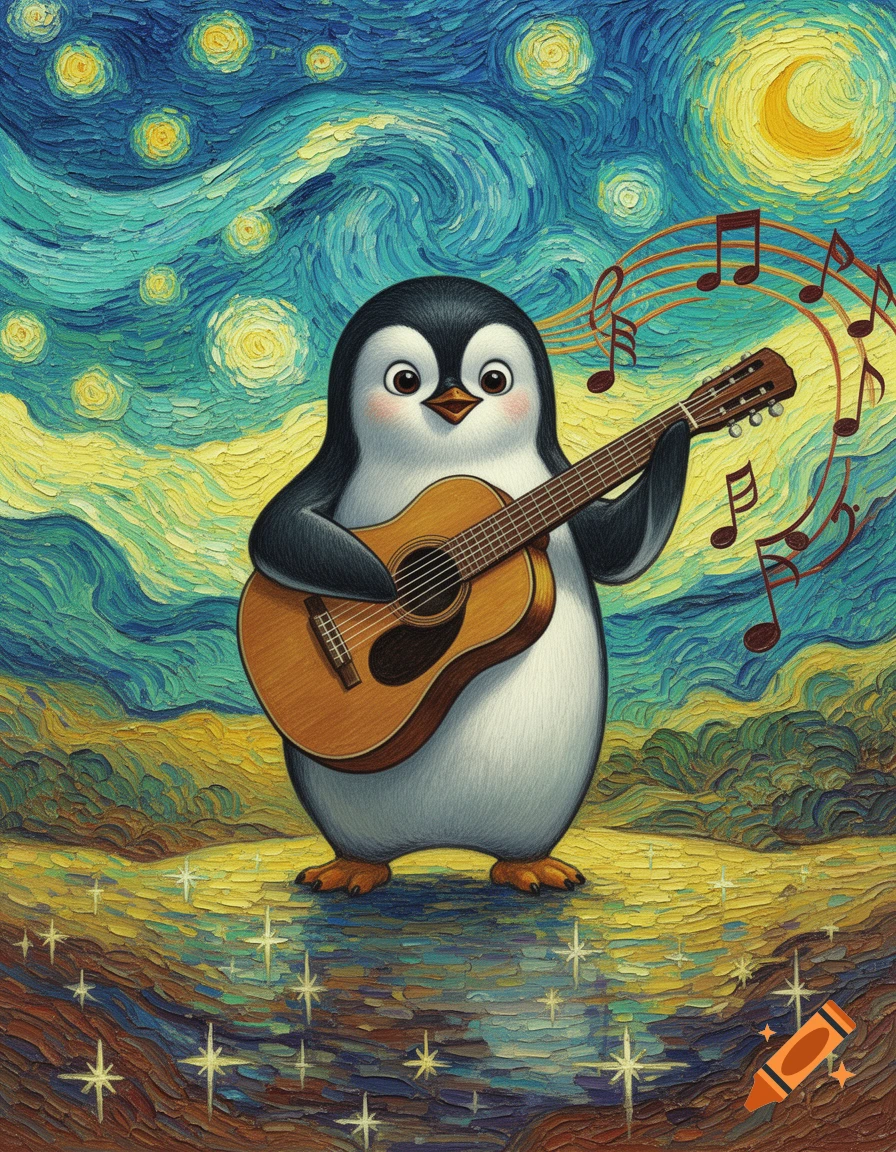 A cute penguin playing an acoustic guitar, depicted in a swirling, starry night style reminiscent of Van Gogh, with musical notes floating around.