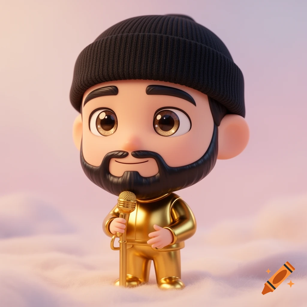 A cute 3D render in Pixar style of a chibi man with a beard and black beanie in a golden suit, holding a golden microphone against a pastel background.