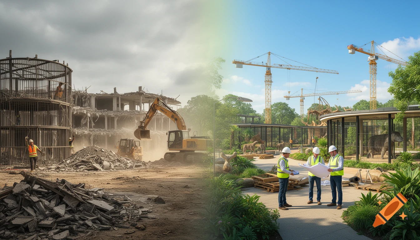 A panoramic illustration showing a zoo being demolished on the left and a new zoo being built on the right, with a smooth gradient transition in the center. Construction workers and machinery are present.