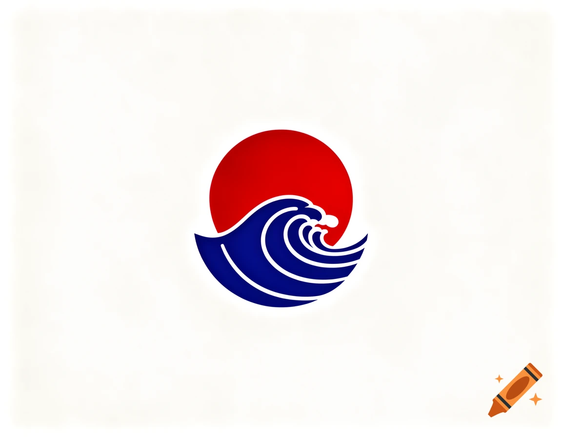 A stylized red sun partially covered by a blue and white wave design on a white background, resembling a logo or flag.