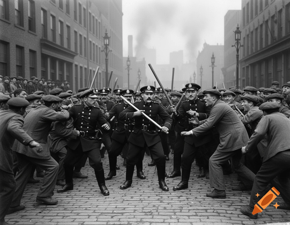 Black and white photograph of policemen with batons confronting a crowd of workers on a cobblestone street in 1900.