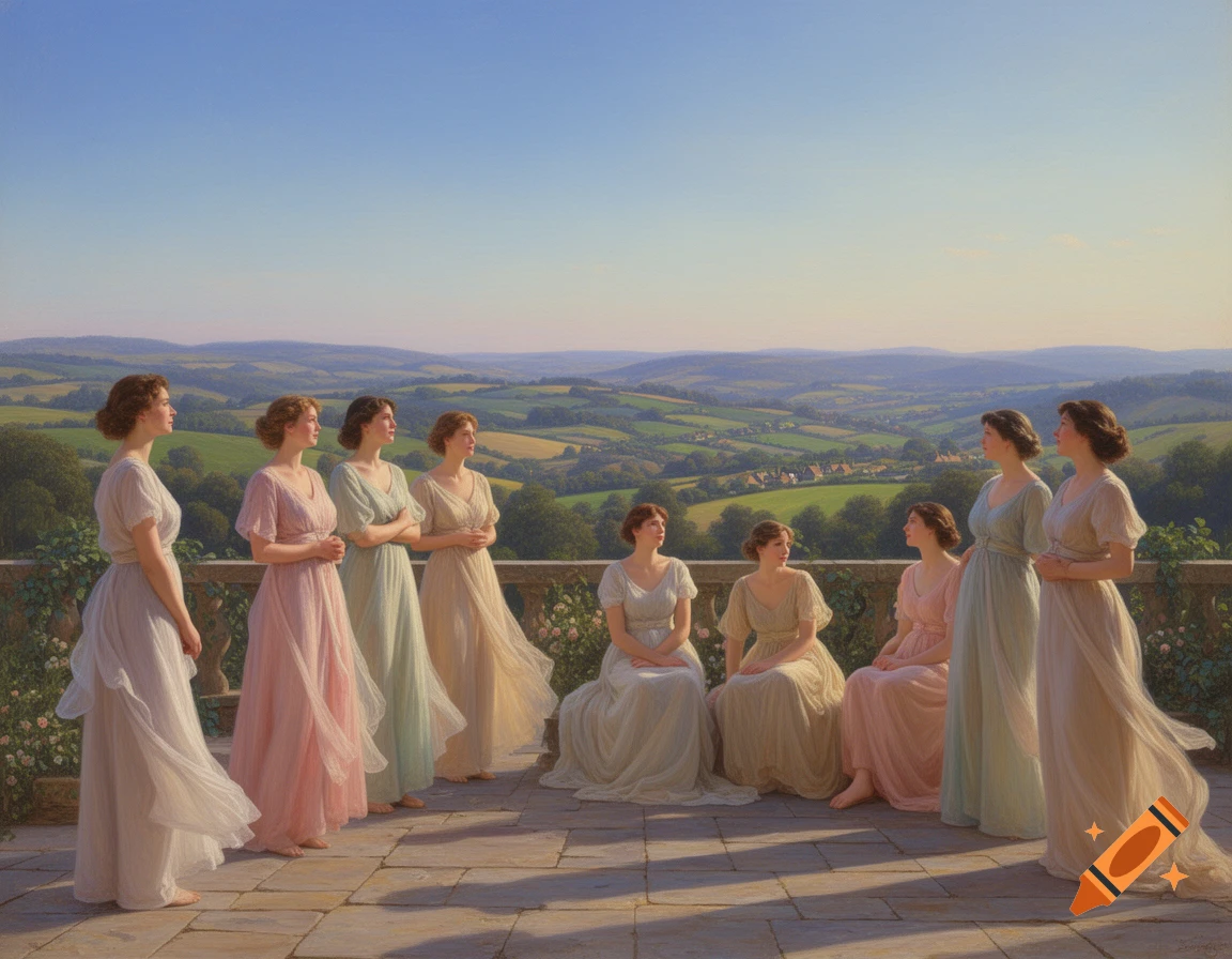 A classical painting of eight women in flowing dresses on a terrace overlooking a lush, rolling green landscape under a clear blue sky.