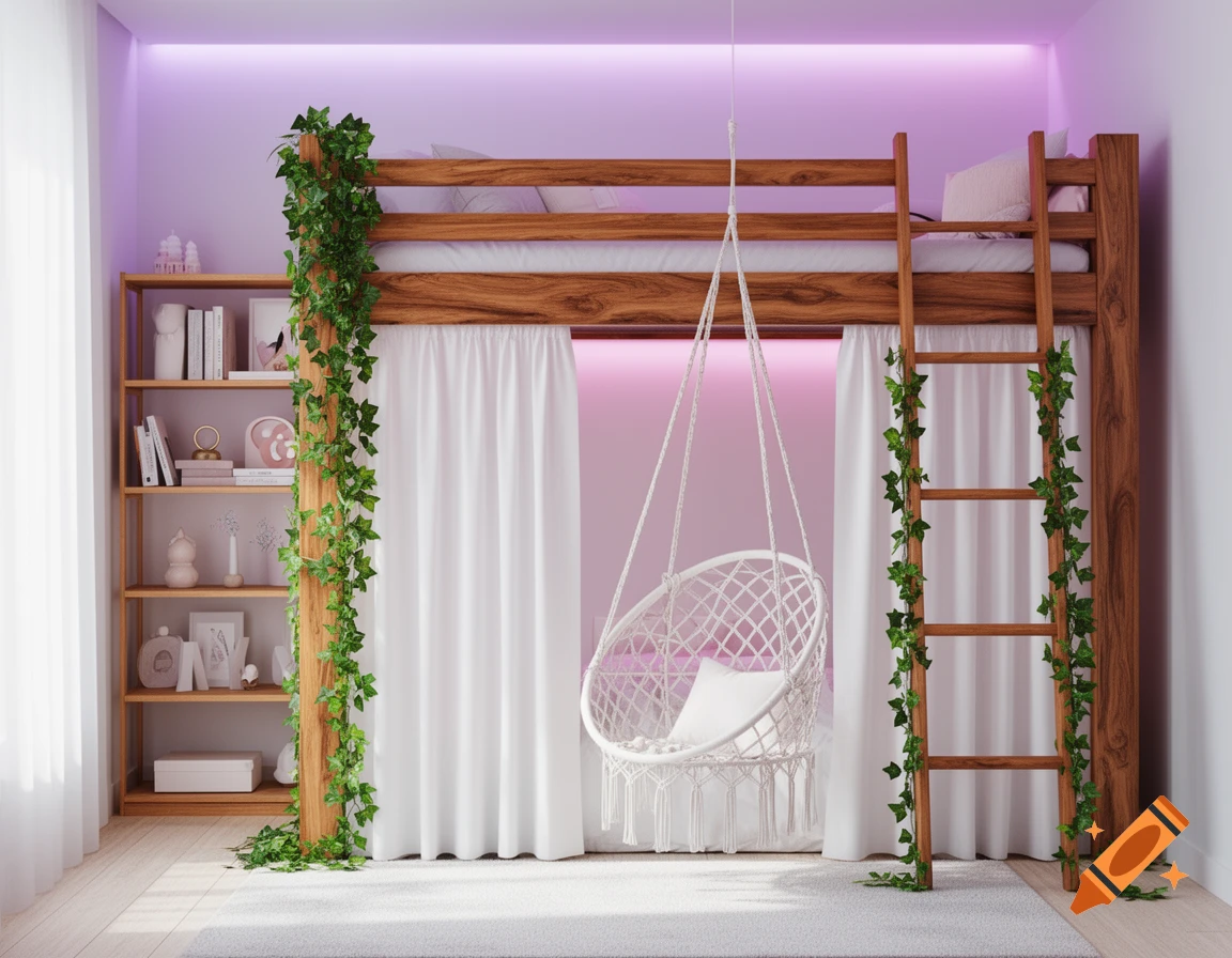 A modern teen bedroom features a wooden bunk bed with ivy, a white macrame swing chair, and a bookshelf, lit by purple LEDs.