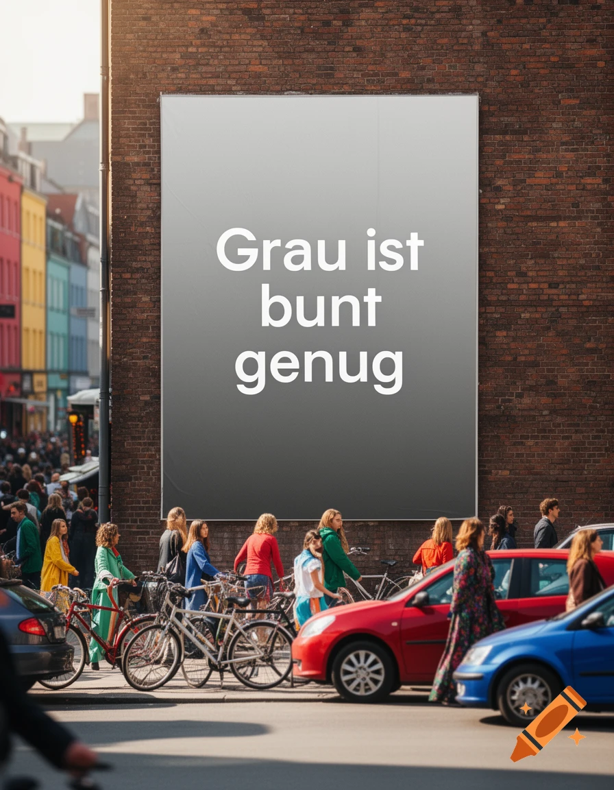 A photorealistic busy city street scene featuring a large billboard on a brick wall that reads 'Grau ist bunt genug', with pedestrians, bicycles, and cars on the road.
