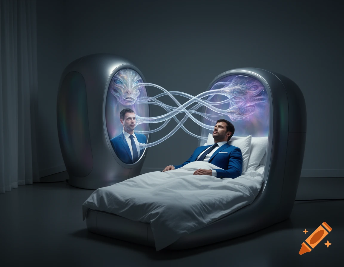 A man in a blue suit lies on a futuristic bed, connected by glowing tendrils to a pod with an alien likeness of him.