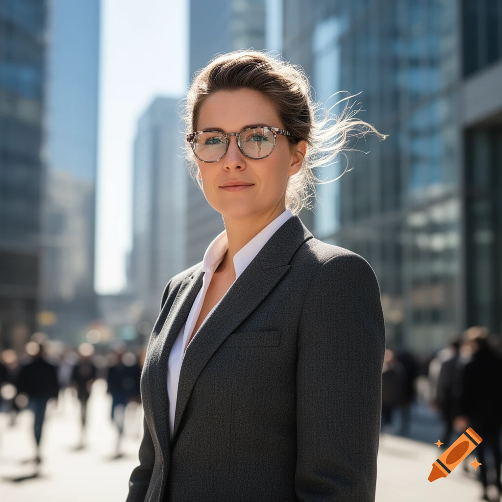 Photorealistic portrait of a woman in a suit and glasses, standing on a sunny city street with blurred buildings and people.