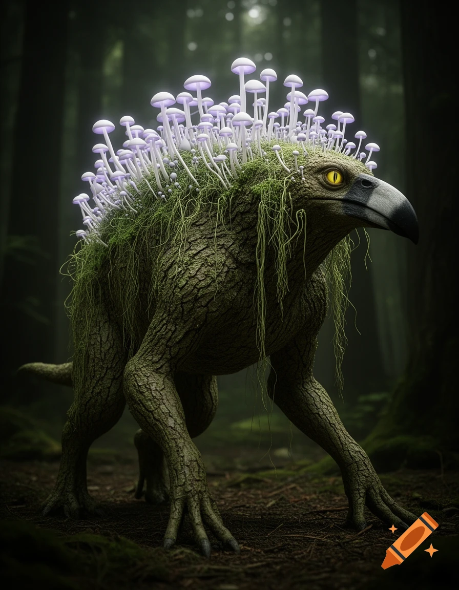 A mossy, bark-skinned creature with a black beak and yellow eyes stands in a dark forest, glowing purple mushrooms on its back.
