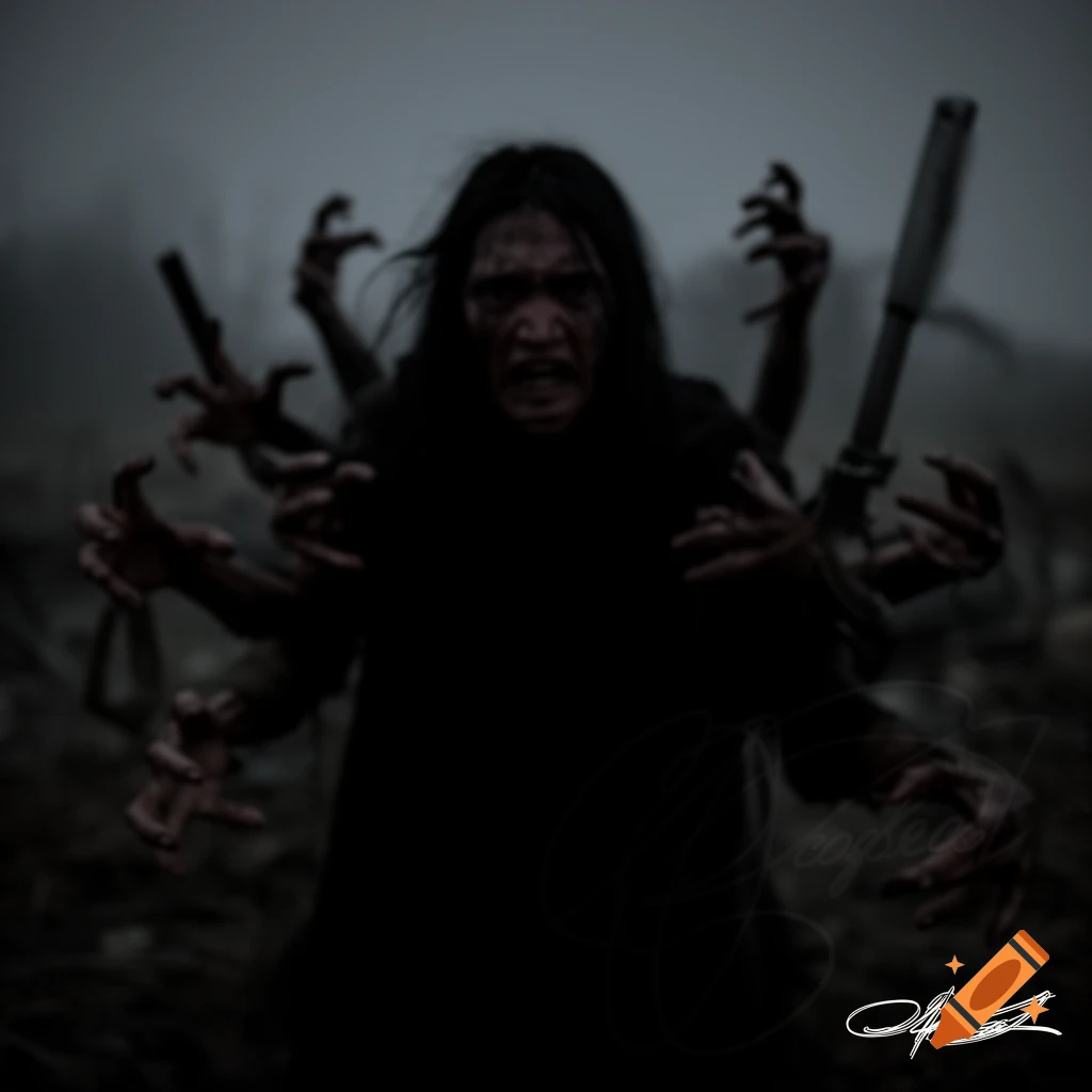 A blurry, multi-armed figure with an angry expression stands in a dark, misty environment.