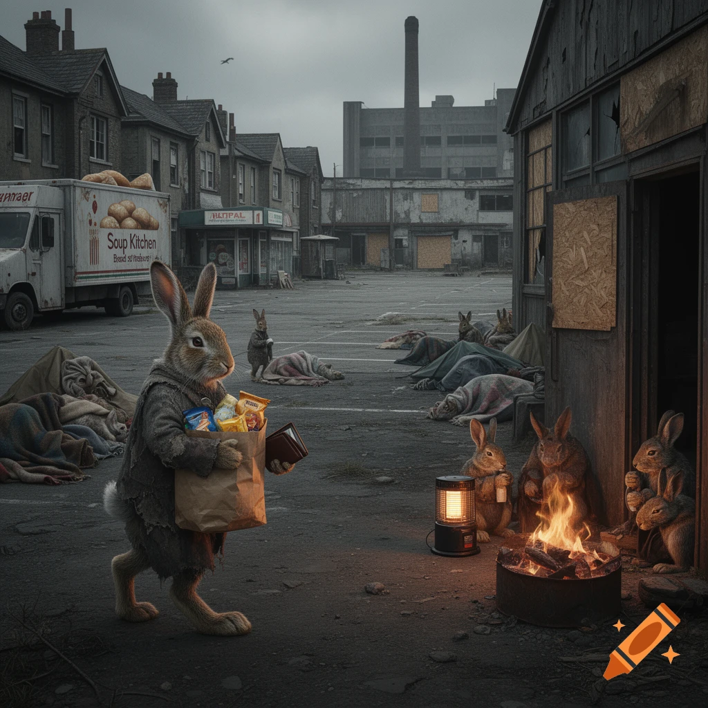 Anthropomorphic rabbits in a desolate city street. One carries groceries, others are huddled around a fire, with a soup kitchen truck.
