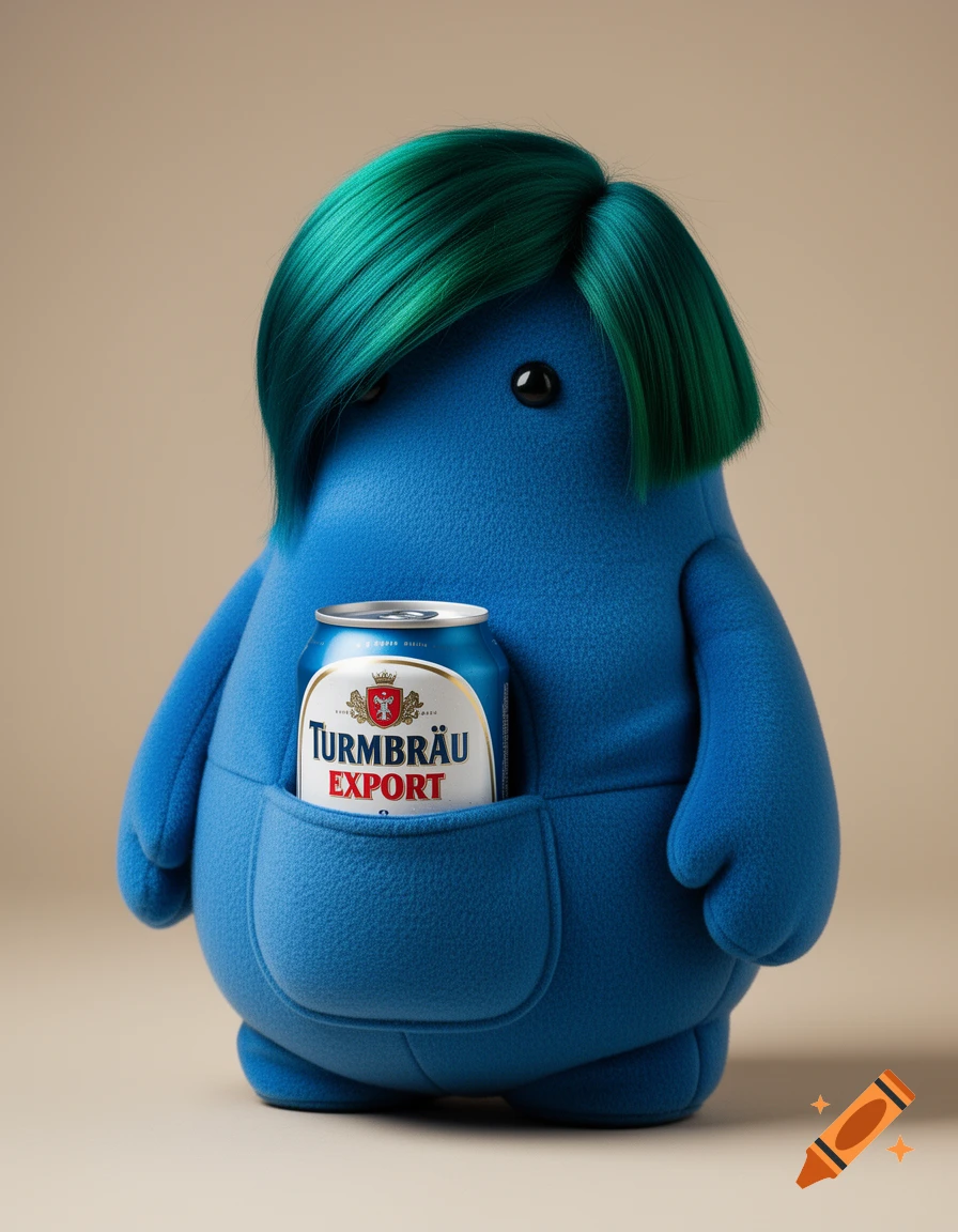 A blue plush toy with green hair holds a can of Turmbräu Export beer in its pouch, depicted in a photorealistic style.