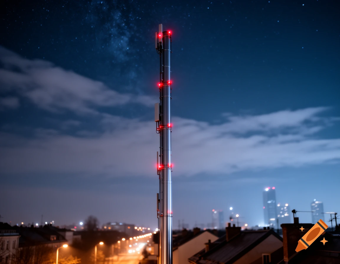 A tall 5G cell tower with red lights stands against a dark blue night sky with clouds and stars, overlooking a city at night.