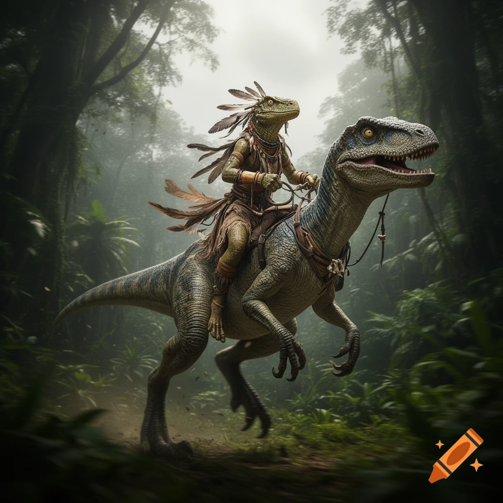 A tribal lizard character with feathers rides a velociraptor through a misty, dense jungle in a photorealistic style.