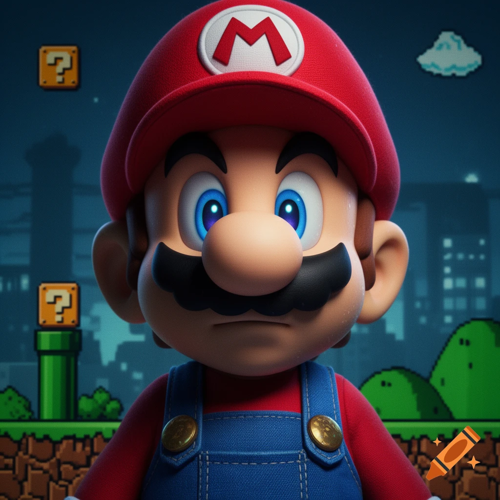 A detailed 3D render of Mario with bright blue eyes, wearing his iconic red hat and blue overalls, against a pixelated Super Mario background.