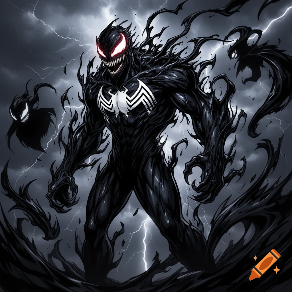 A menacing black symbiote character with glowing red eyes, sharp teeth, and a white spider symbol, stands amidst a stormy sky with lightning in a comic book art style.