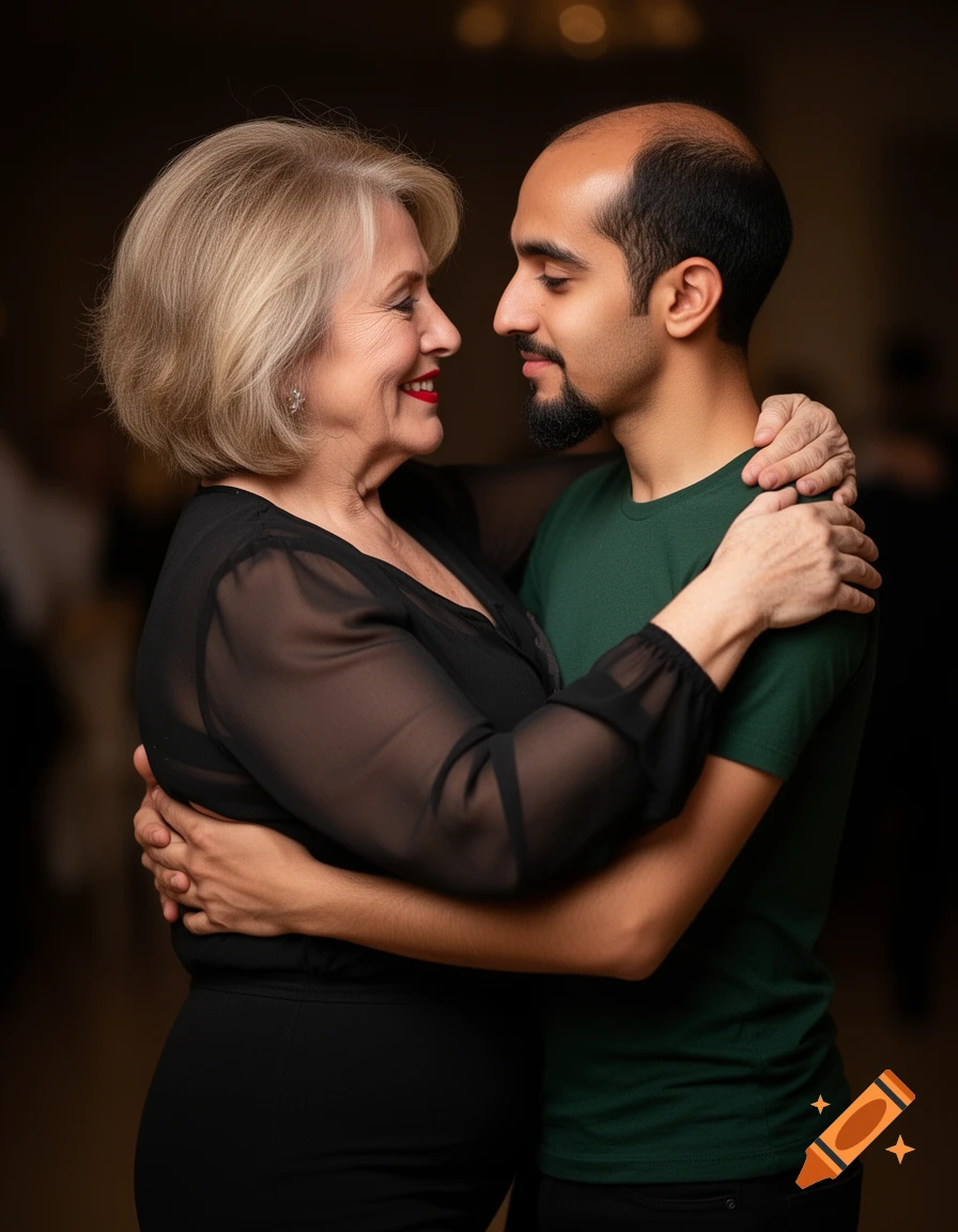 An older woman with blonde hair and a younger man with a goatee embrace lovingly, gazing into each other's eyes in a romantic setting. Photorealistic style.
