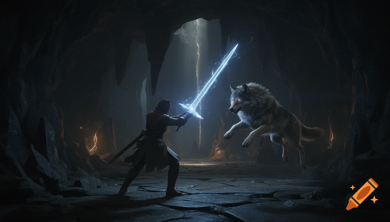 A hooded warrior with a glowing blue sword confronts a snarling wolf in a dark cave, lit by a ray of light.