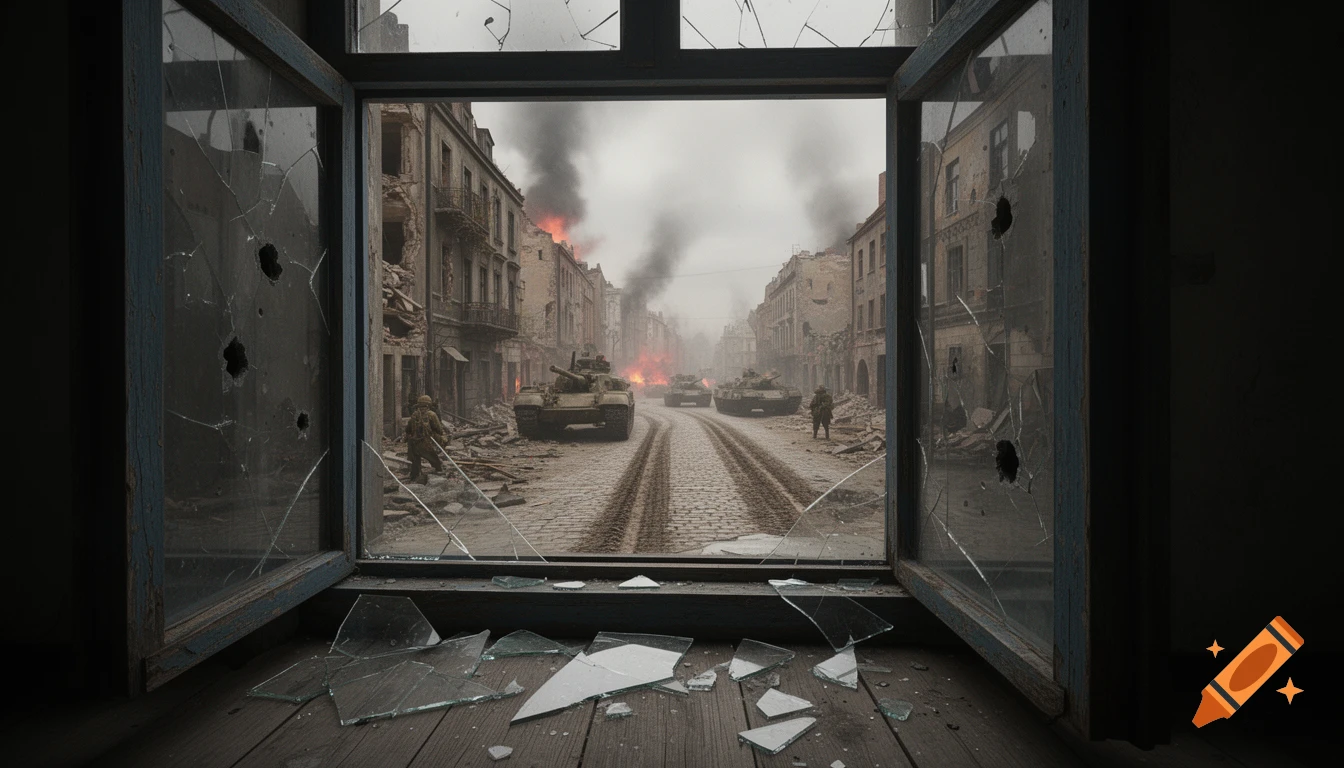 View through a broken window to a war-torn city street with tanks, burning buildings, and soldiers. Photorealistic style.