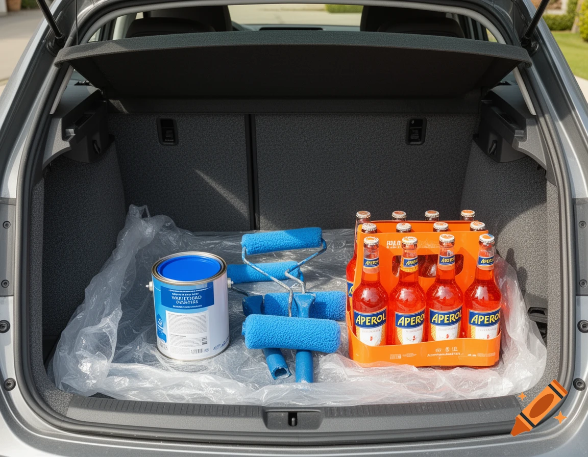 A car trunk filled with a blue can of paint, blue paint rollers, and a crate of orange Aperol bottles.