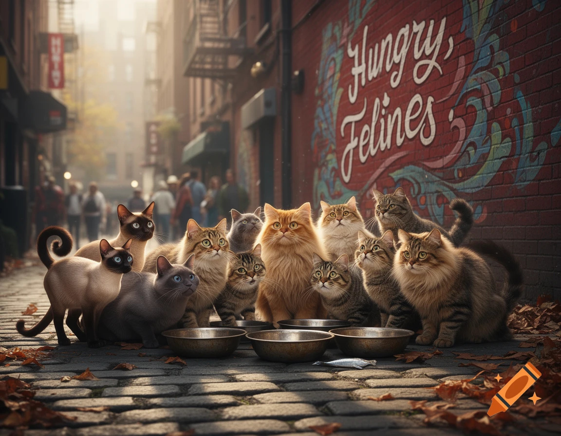 Photorealistic image of many different cats gathered around food bowls in a city alley with a 'Hungry Felines' mural.