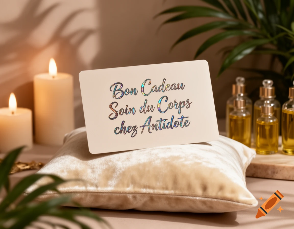 Photorealistic image of a gift card for 'Bon Cadeau Soin du Corps chez Antidote' on a velvet pillow, with lit candles and oil bottles.