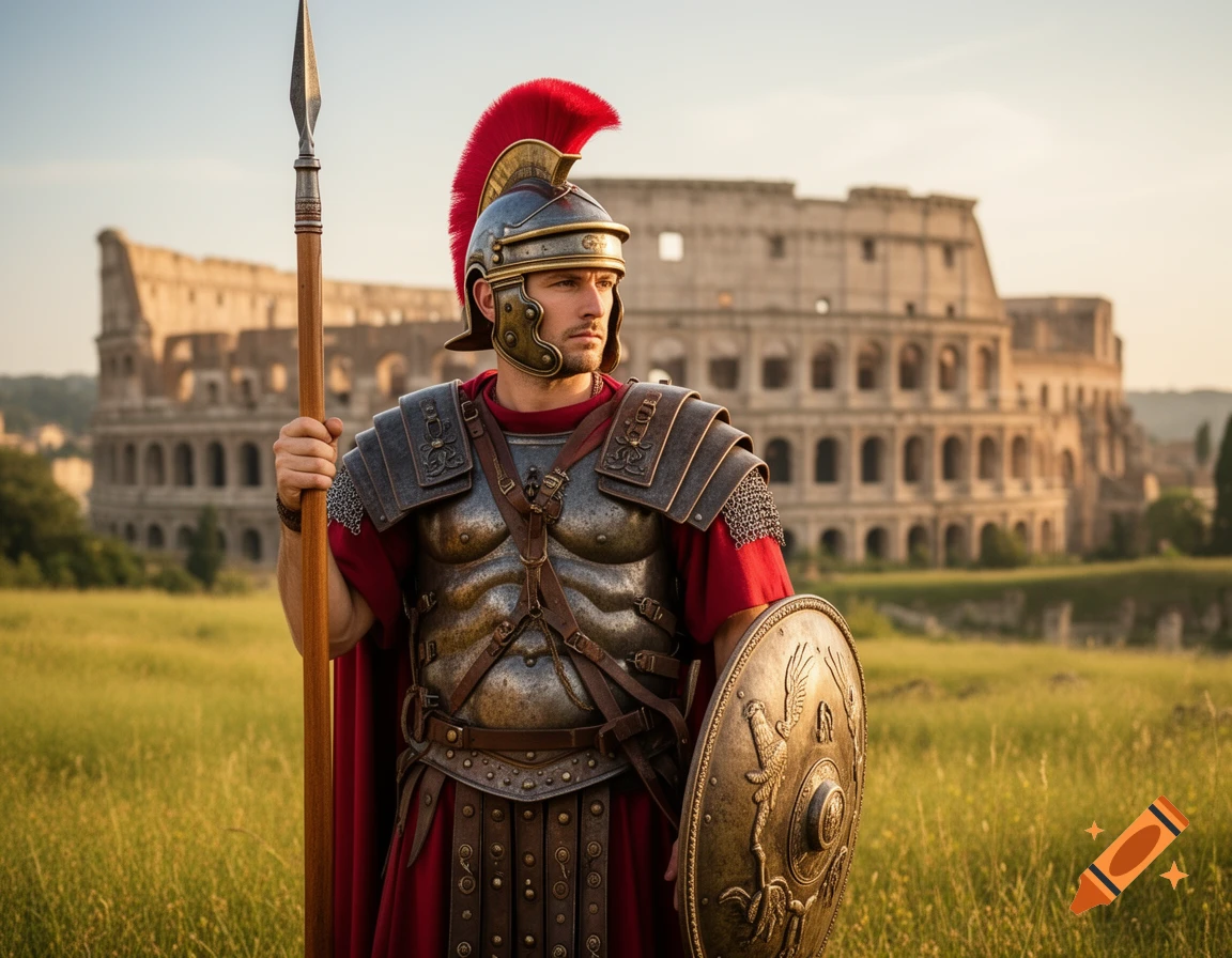 A photorealistic Roman soldier in full armor with a spear and shield stands in a grassy field before the Colosseum at sunset.