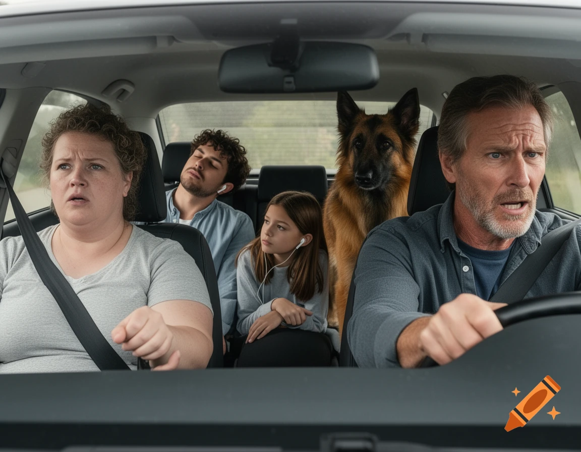 A family, including a man, woman, two children, and a dog, inside a car. The man drives with a stressed expression, while the woman looks scared.