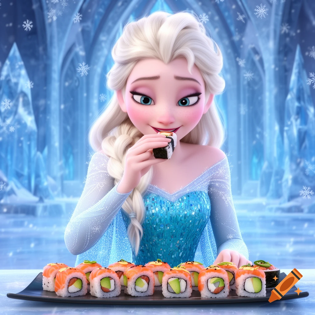Animated Elsa from Frozen, with a happy expression, eating sushi from a black tray in a sparkling ice palace background.