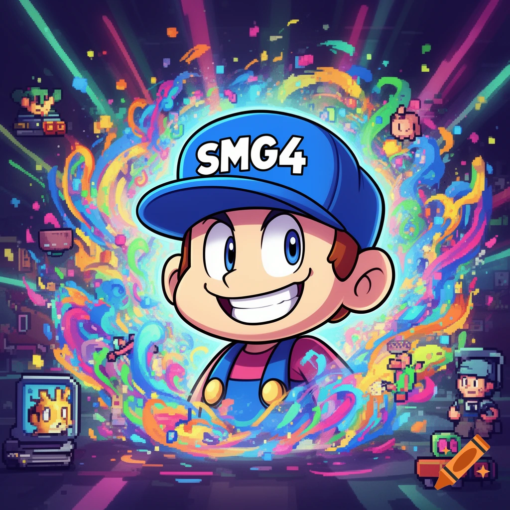 A cartoon character, similar to Mario, wearing a blue hat with "SMG4" on it, smiles broadly amidst a vibrant explosion of colorful pixel art and abstract shapes.