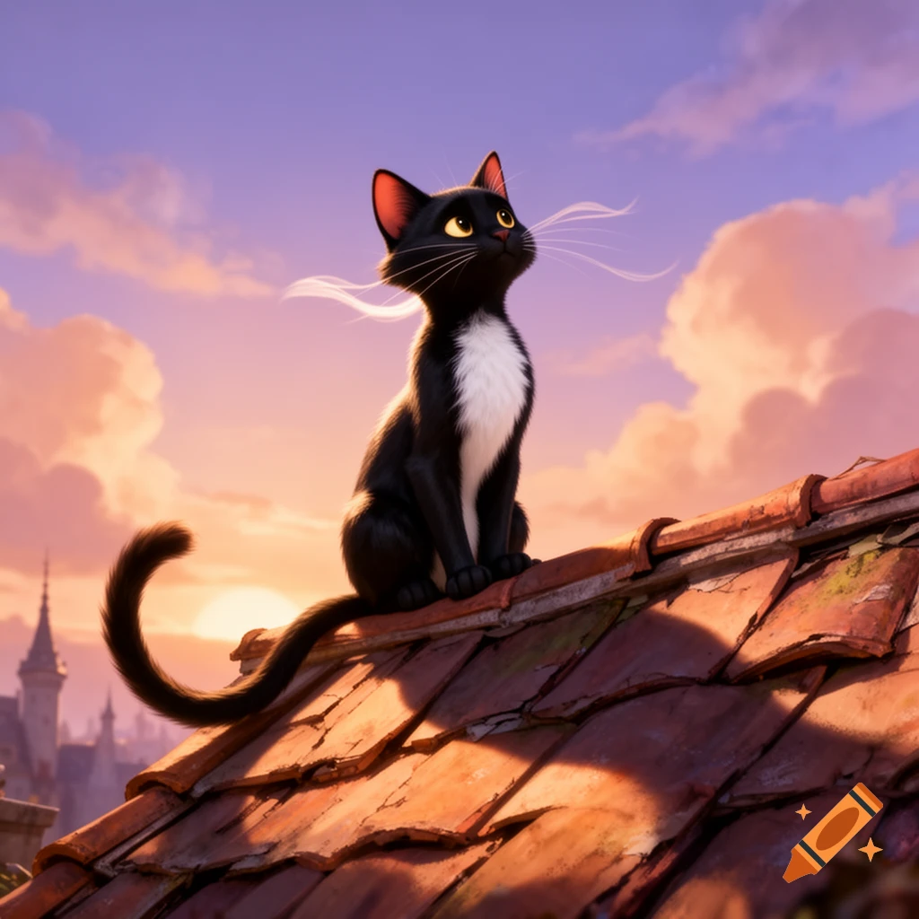 A black and white cartoon cat sits on a tiled rooftop, looking up at a beautiful sunset sky with pink and purple clouds.