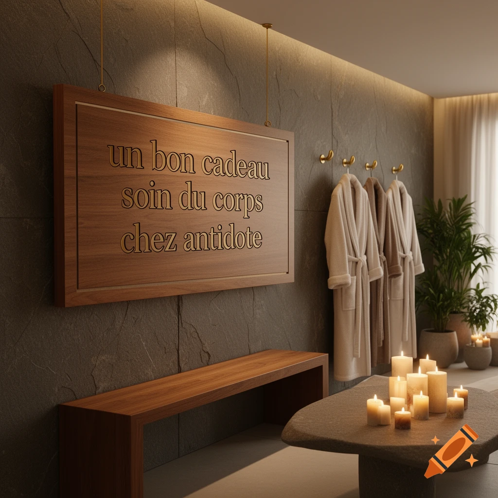 A serene spa interior with a wooden sign, bathrobes, lit candles, and a bench, in a luxurious setting.
