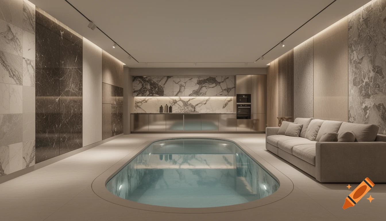 A modern basement interior with a white oval-shaped indoor pool, a gray sofa, and a kitchen with marble backsplashes and metallic cabinets.