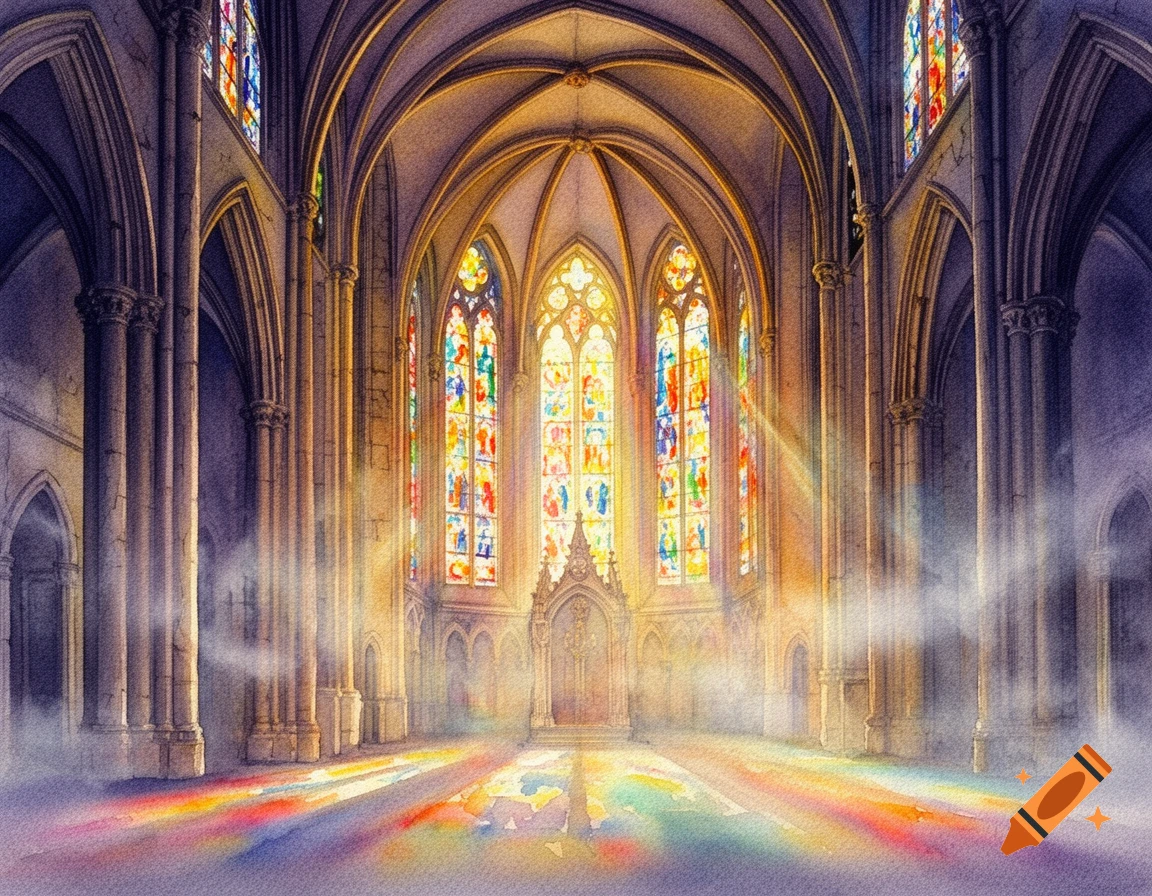 Watercolor painting of a grand Gothic cathedral interior, colorful light from stained glass windows illuminating a misty nave.