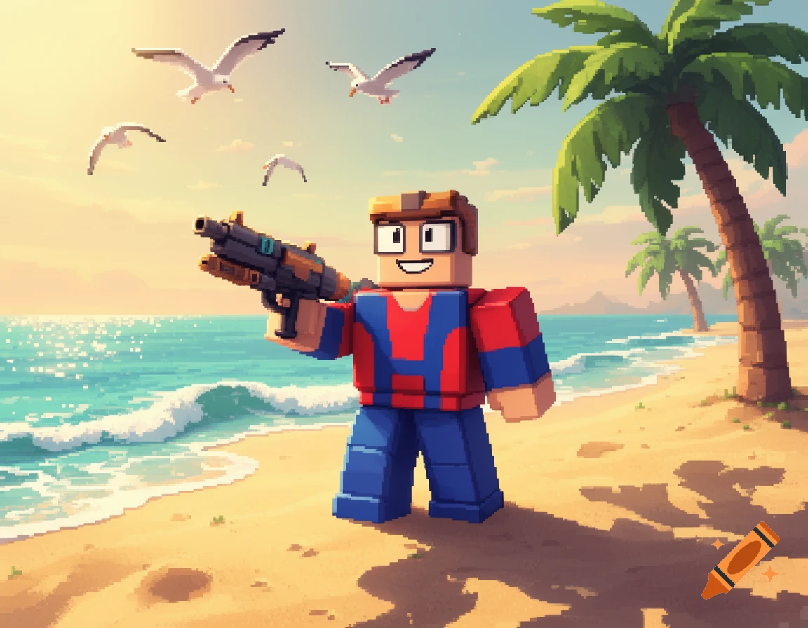 A pixel art style Roblox player character in a red and blue shirt, holding a gun on a sunny beach with seagulls and palm trees.