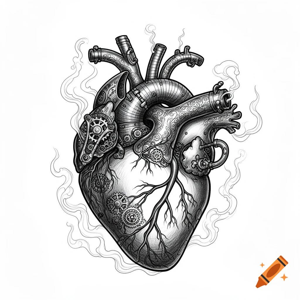 A black and white outline drawing of a steampunk anatomical heart with gears, pipes, and ornate patterns, emitting smoke.