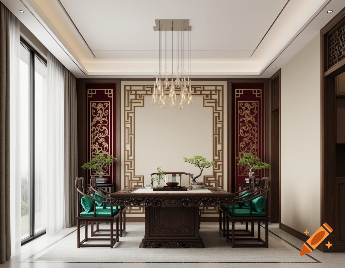 A serene Neo-Chinese interior features a dark wood table with chairs, bonsai plants, and ornate gold and red wall panels.
