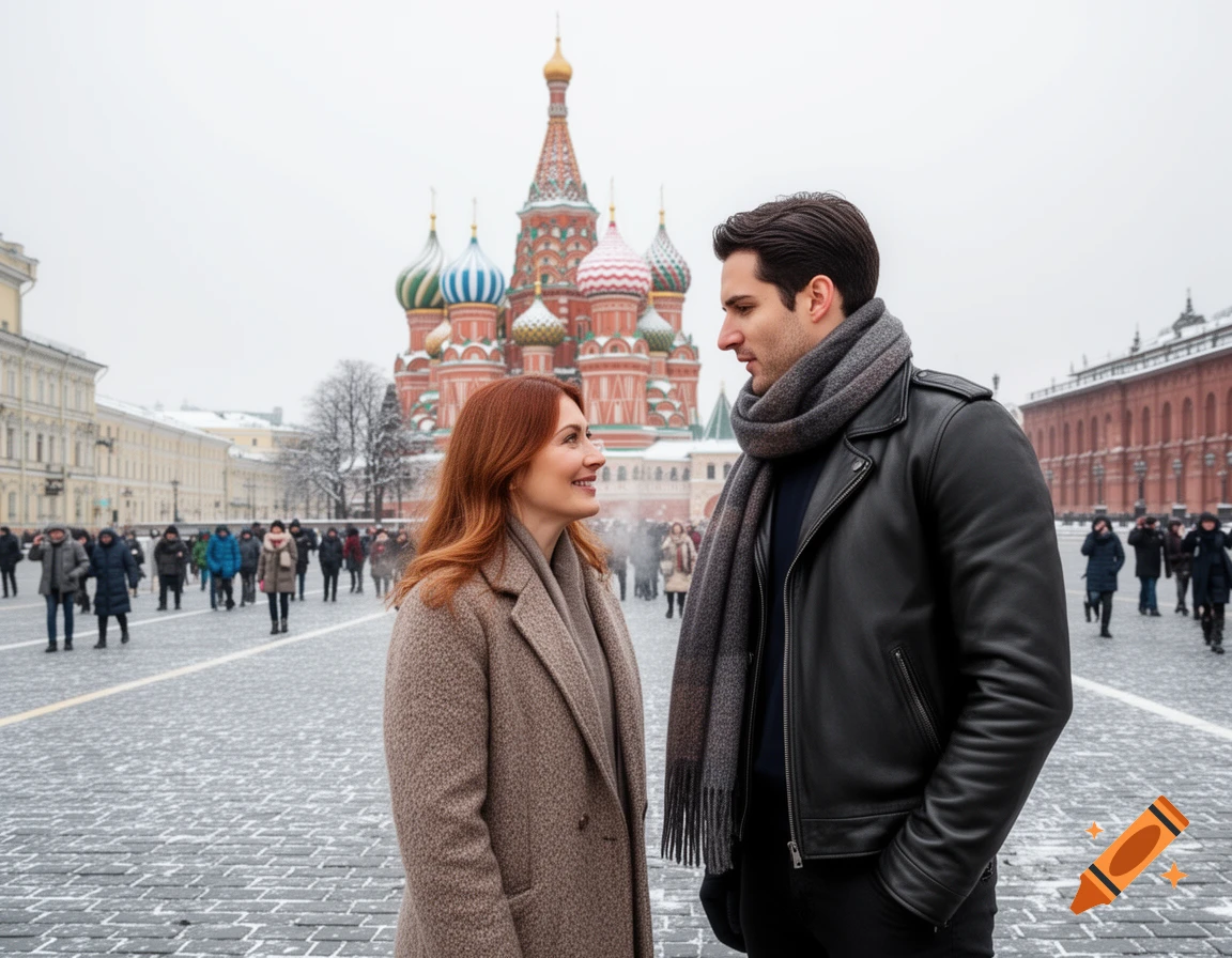 A man and woman gaze at each other in Moscow's Red Square, St. Basil's Cathedral visible behind them on a winter day.